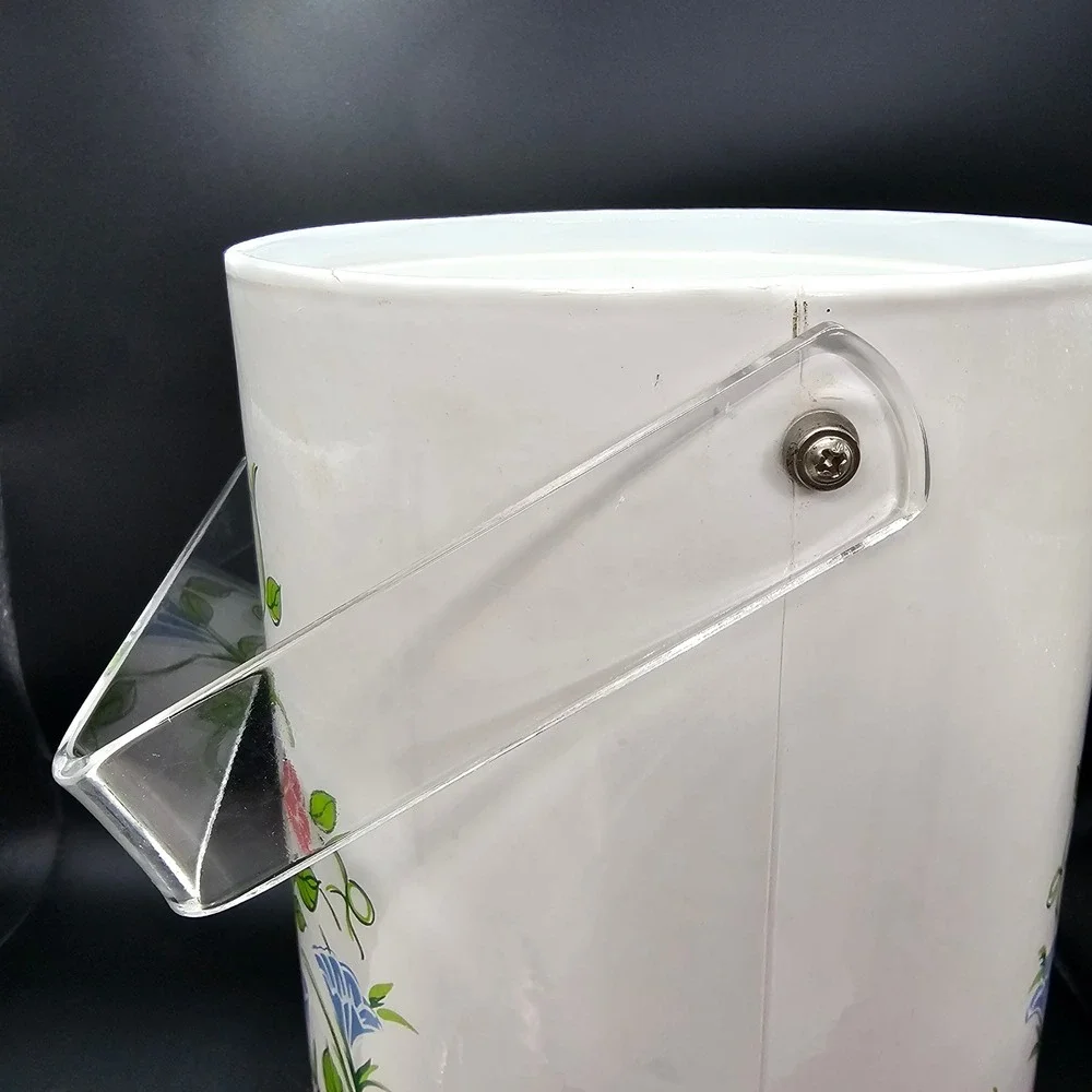 Vintage‎ 1960s Ice Bucket White Enamel Floral Lucite Handle MCM Barware